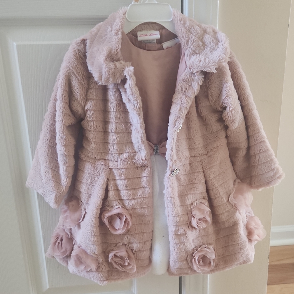 Little Lass Sparkly White And Blush Dress With Faux Fur Coat 18 Months